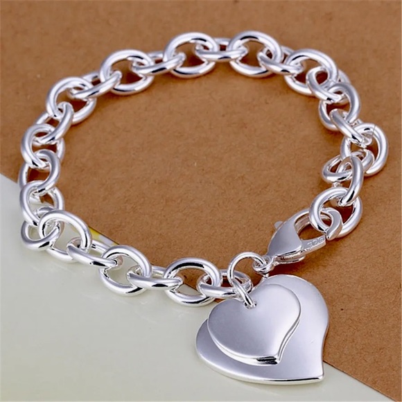 Jewelry - Sterling Silver Heart Double Pendant Bracelet